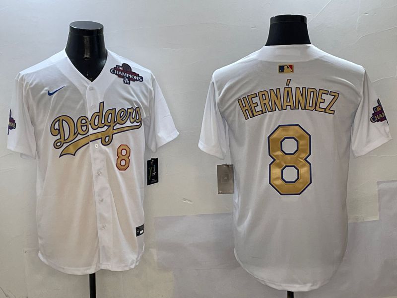 Men Los Angeles Dodgers #8 Hernandez White Champion gold character 2025 Nike MLB Jersey style 2->los angeles dodgers->MLB Jersey